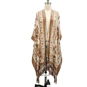 New Free People Burnout Kimono One Size Light Sand Floral Fringe Nightbird